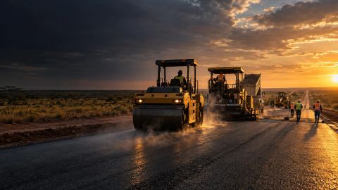 Obra de vialidad con pavimentadora y cuadrilla