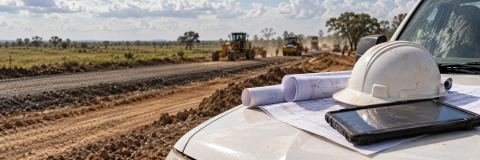 Planos, casco y tableta sobre el capó de una camioneta en obra