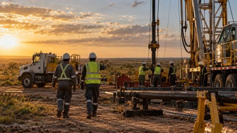 Cuadrilla con EPP en operaciones de pozo en campo petrolero
